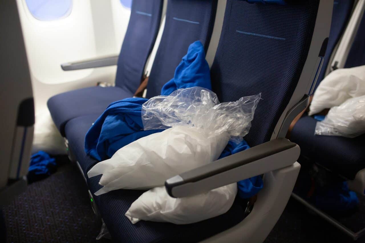 Closeup of seats in economy class after an intercontinental flight
