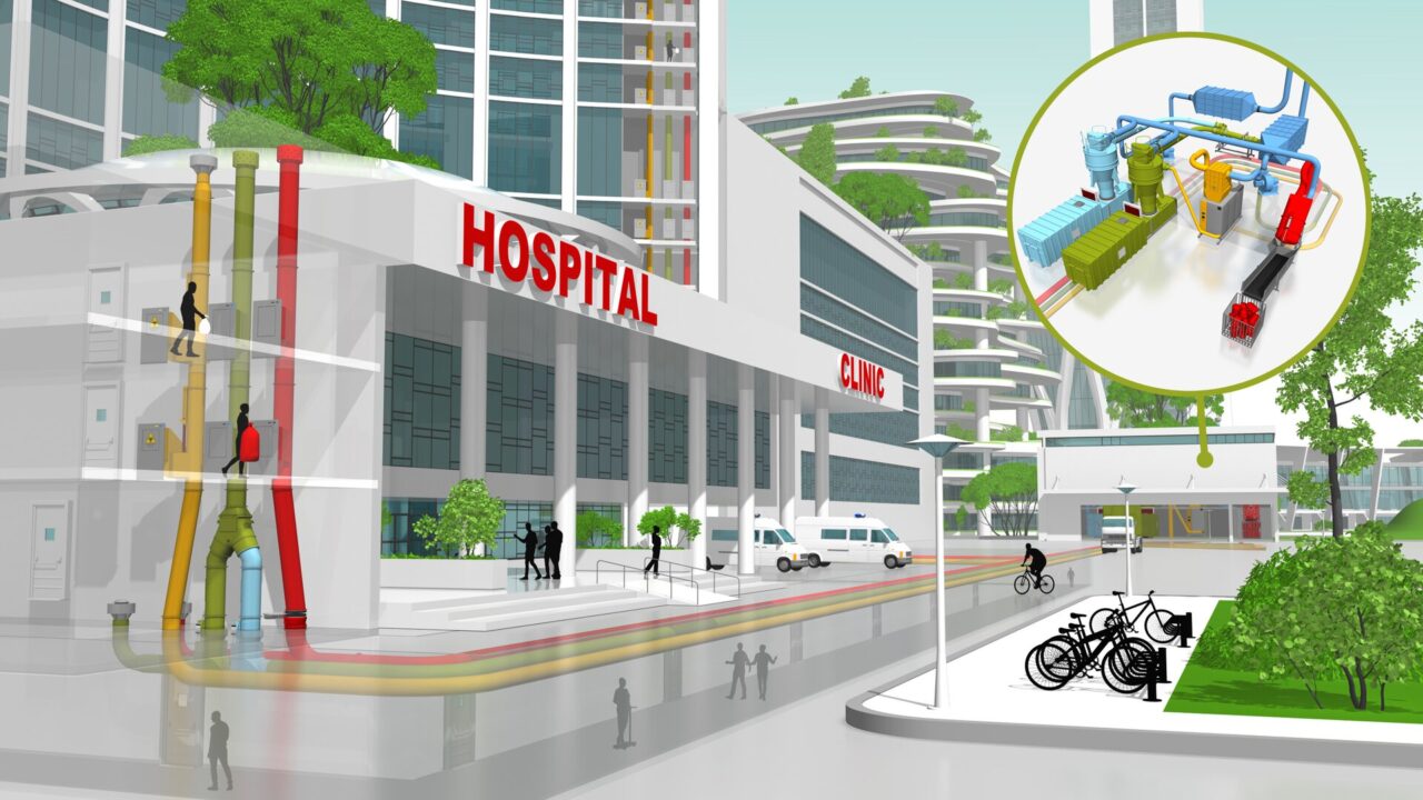 A 3D schematic of a hospital illustrating the integration and operation of an automated waste collection system