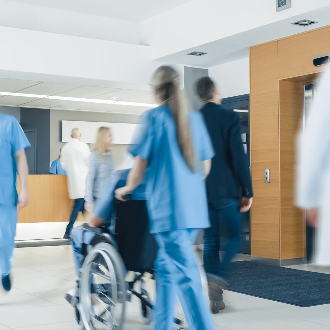 Reception area in a bustling hospital setting