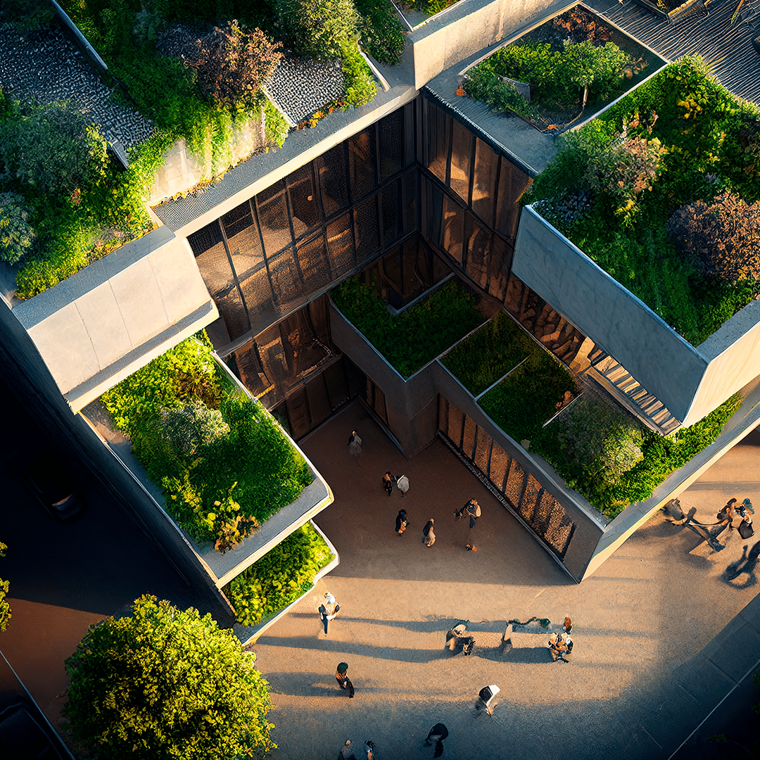 A structure with lush vegetation on each balcony